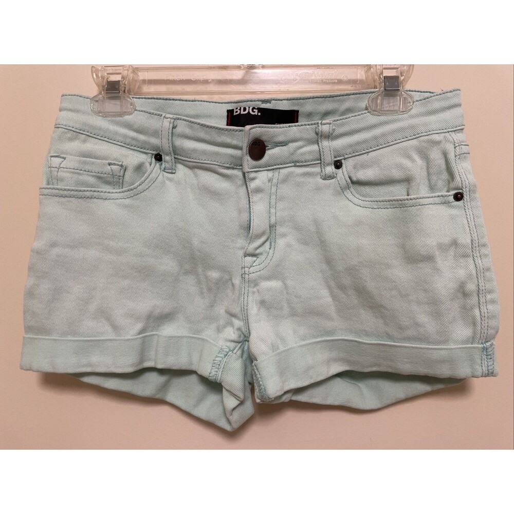 BDG Denim Shorts Mid Rise Shortie Cotton Blend Blue Size 27 Stretch Pastel Green